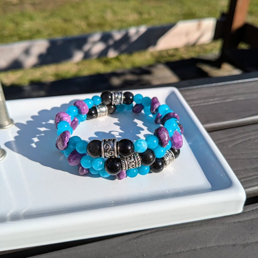 Blue and Purple Quartz Silver Obsidian Stone Bracelet